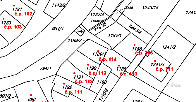 Veverská Bítýška 114 na parcele st. 1189/1 v KÚ Veverská Bítýška, Katastrální mapa