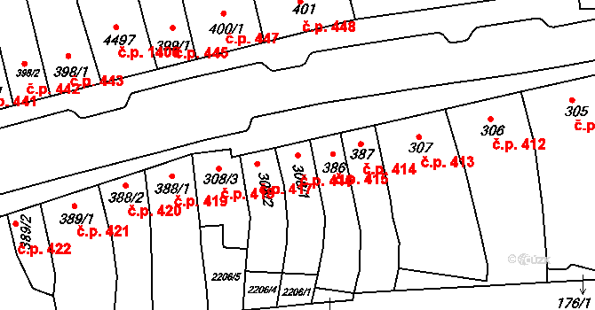 Kyjov 416 na parcele st. 308/1 v KÚ Kyjov, Katastrální mapa