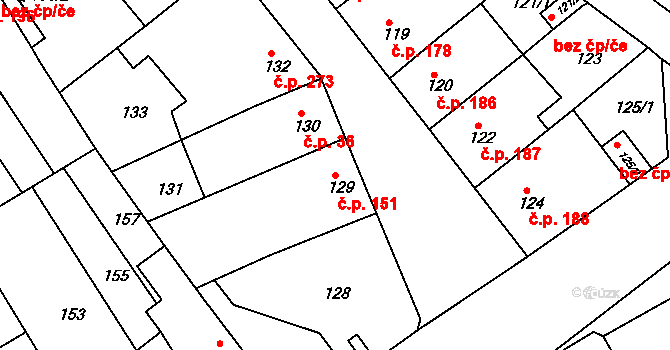 Rousínov 151 na parcele st. 129 v KÚ Rousínov u Vyškova, Katastrální mapa