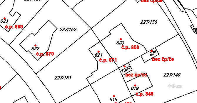 Švermov 871, Kladno na parcele st. 621 v KÚ Hnidousy, Katastrální mapa