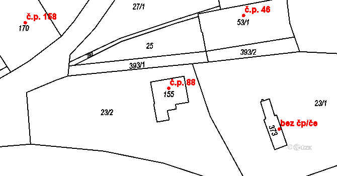 Střelná 88, Košťany na parcele st. 155 v KÚ Střelná, Katastrální mapa