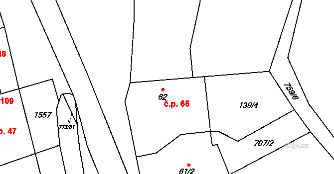 Sendražice 65 na parcele st. 62 v KÚ Sendražice u Smiřic, Katastrální mapa