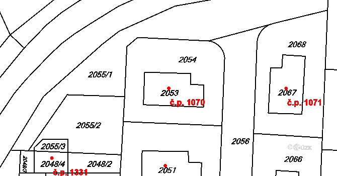 Hulín 1070 na parcele st. 2053 v KÚ Hulín, Katastrální mapa