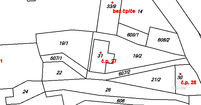 Roudníček 27, Budyně nad Ohří na parcele st. 31 v KÚ Roudníček, Katastrální mapa
