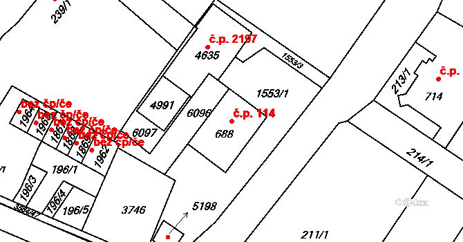 Rožnov pod Radhoštěm 114 na parcele st. 688 v KÚ Rožnov pod Radhoštěm, Katastrální mapa
