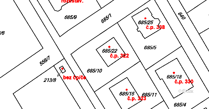 Třebestovice 322 na parcele st. 685/22 v KÚ Třebestovice, Katastrální mapa