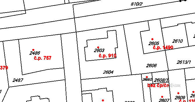 Strašnice 910, Praha na parcele st. 2603 v KÚ Strašnice, Katastrální mapa