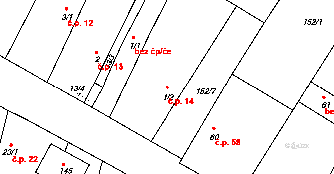 Loukonosy 14, Žiželice na parcele st. 1/2 v KÚ Loukonosy, Katastrální mapa