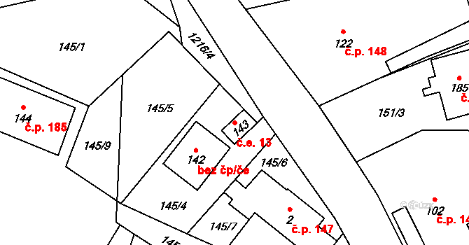 Horní Bory 13, Bory na parcele st. 143 v KÚ Horní Bory, Katastrální mapa