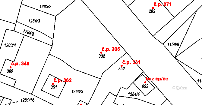 Hazlov 305 na parcele st. 332 v KÚ Hazlov, Katastrální mapa