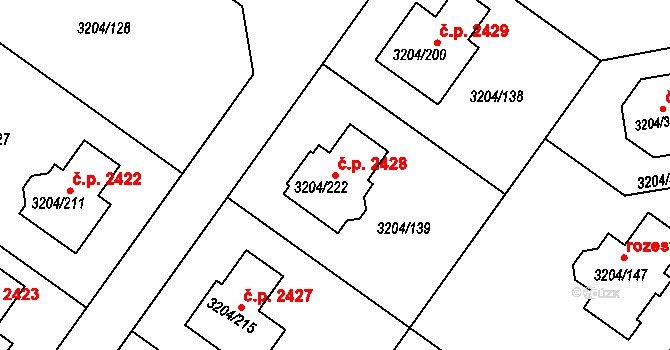 Roudnice nad Labem 2428 na parcele st. 3204/222 v KÚ Roudnice nad Labem, Katastrální mapa