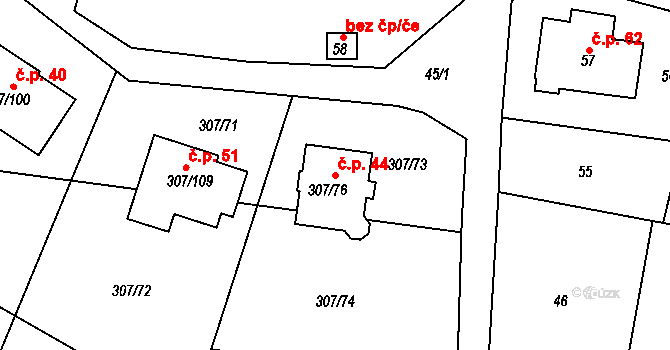 Chuderov 44 na parcele st. 307/76 v KÚ Chuderov, Katastrální mapa