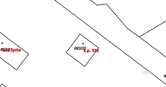 Černé Budy 333, Sázava na parcele st. 693/30 v KÚ Černé Budy, Katastrální mapa