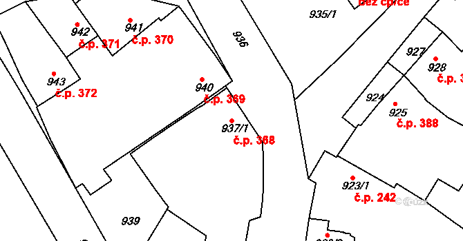 Jemnice 368 na parcele st. 937/1 v KÚ Jemnice, Katastrální mapa