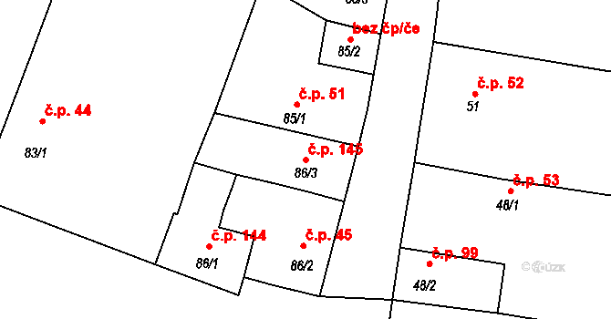 Bystřice 145 na parcele st. 86/3 v KÚ Bystřice u Benešova, Katastrální mapa