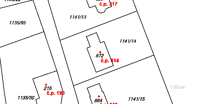 Dobřív 314 na parcele st. 872 v KÚ Dobřív, Katastrální mapa