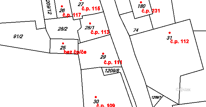 Horní Bory 111, Bory na parcele st. 29 v KÚ Horní Bory, Katastrální mapa