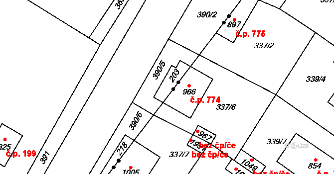 Kostelec nad Labem 774 na parcele st. 966 v KÚ Kostelec nad Labem, Katastrální mapa