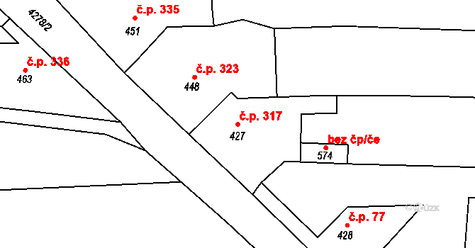 Kožlany 317 na parcele st. 427 v KÚ Kožlany, Katastrální mapa
