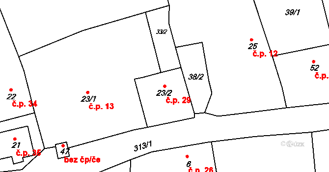 Miskolezy 29, Chvalkovice na parcele st. 23/2 v KÚ Miskolezy, Katastrální mapa