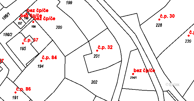 Postřelmov 32 na parcele st. 201 v KÚ Postřelmov, Katastrální mapa