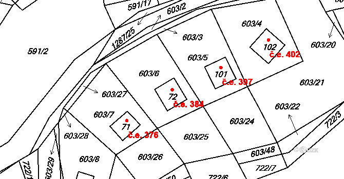 Košetice 384, Líšťany na parcele st. 72 v KÚ Košetice u Hunčic, Katastrální mapa