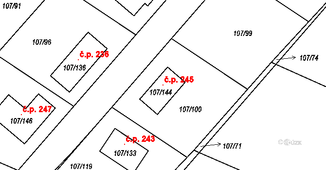 Velké Chvalovice 245, Pečky na parcele st. 107/144 v KÚ Velké Chvalovice, Katastrální mapa
