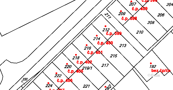 Prusinovice 401 na parcele st. 216 v KÚ Prusinovice, Katastrální mapa