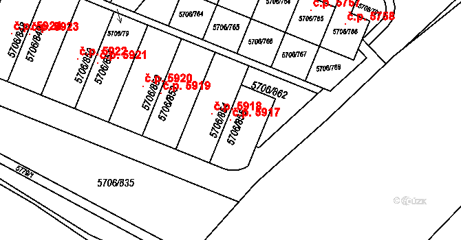 Jihlava 5917 na parcele st. 5706/855 v KÚ Jihlava, Katastrální mapa
