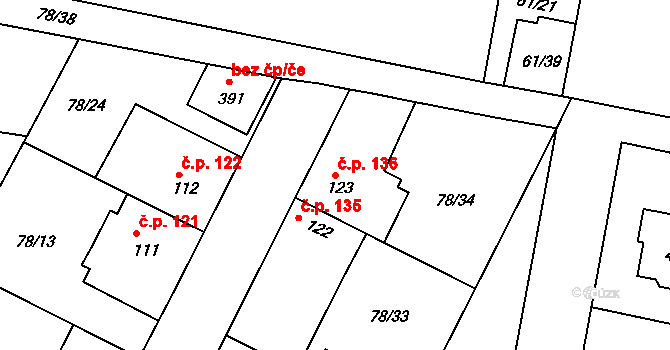 Braškov 136 na parcele st. 123 v KÚ Braškov, Katastrální mapa