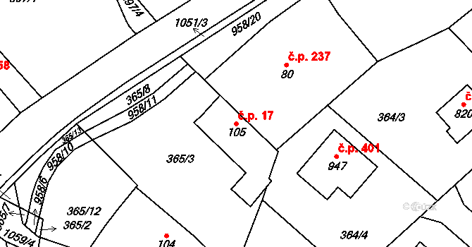 Srbín 17, Mukařov na parcele st. 105 v KÚ Srbín, Katastrální mapa