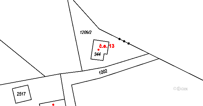 Telecí 13 na parcele st. 344 v KÚ Telecí, Katastrální mapa