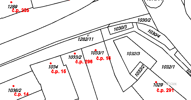 Hulín 16 na parcele st. 1033/1 v KÚ Hulín, Katastrální mapa