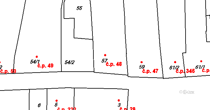 Křelov 48, Křelov-Břuchotín na parcele st. 57 v KÚ Křelov, Katastrální mapa