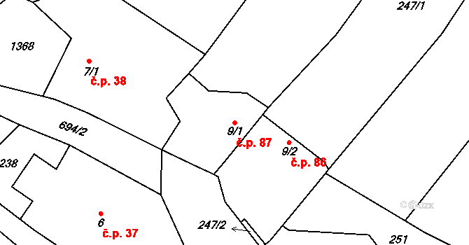 Chyjice 87 na parcele st. 9/1 v KÚ Chyjice, Katastrální mapa