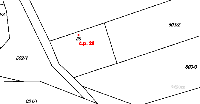 Horka 28, Evaň na parcele st. 89 v KÚ Horka u Libochovic, Katastrální mapa