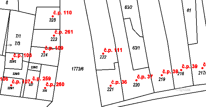 Libochovice 111 na parcele st. 222 v KÚ Libochovice, Katastrální mapa