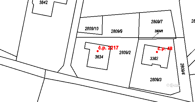 Rožnov pod Radhoštěm 2217 na parcele st. 3634 v KÚ Rožnov pod Radhoštěm, Katastrální mapa