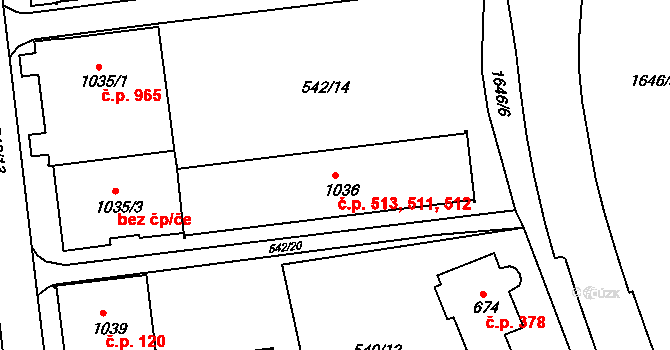 Prachatice II 511,512,513, Prachatice na parcele st. 1036 v KÚ Prachatice, Katastrální mapa