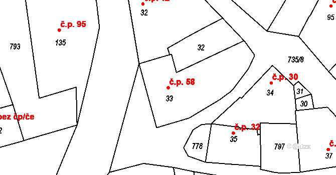 Příložany 58, Jaroměřice nad Rokytnou na parcele st. 33 v KÚ Příložany, Katastrální mapa