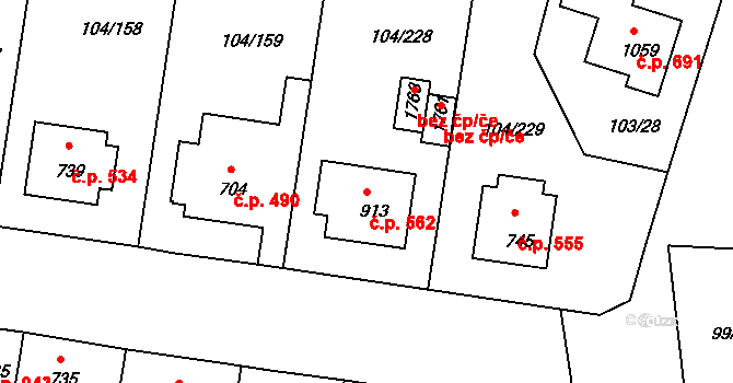 Podklášteří 562, Třebíč na parcele st. 913 v KÚ Podklášteří, Katastrální mapa