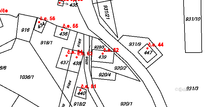 Chvalovice 52 na parcele st. 439 v KÚ Chvalovice, Katastrální mapa