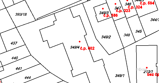 Komárov 602, Brno na parcele st. 349/4 v KÚ Komárov, Katastrální mapa