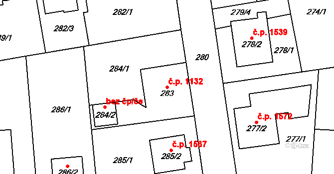 Dubeč 1132, Praha na parcele st. 283 v KÚ Dubeč, Katastrální mapa