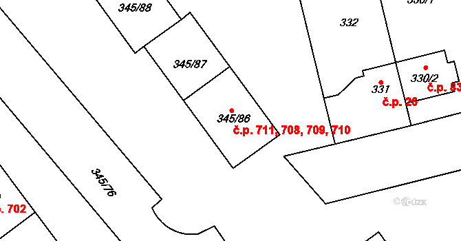 Kamýk 708,709,710,711, Praha na parcele st. 345/86 v KÚ Kamýk, Katastrální mapa