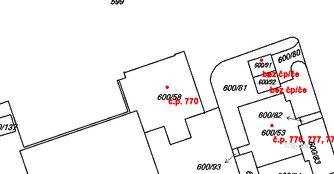 Bohnice 770, Praha na parcele st. 600/58 v KÚ Bohnice, Katastrální mapa
