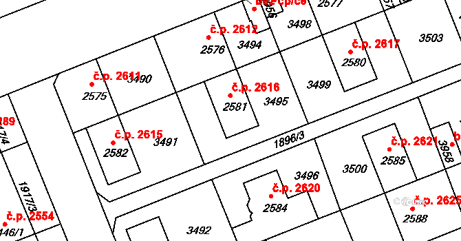 Hodonín 2616 na parcele st. 2581 v KÚ Hodonín, Katastrální mapa