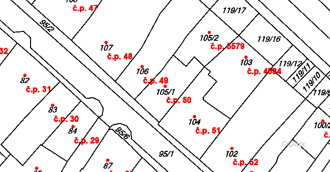 Chomutov 50 na parcele st. 105/1 v KÚ Chomutov I, Katastrální mapa