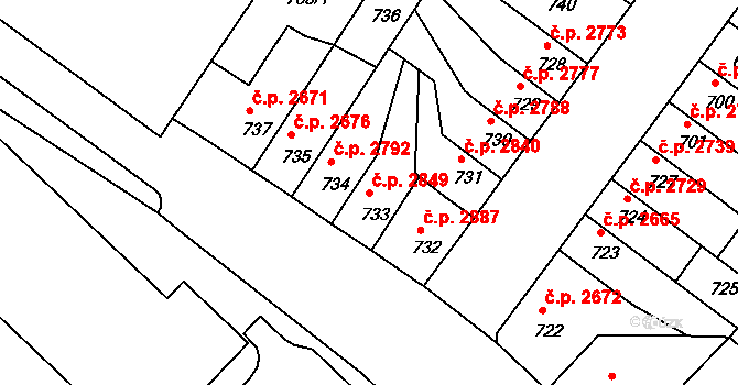 Chomutov 2849 na parcele st. 733 v KÚ Chomutov II, Katastrální mapa