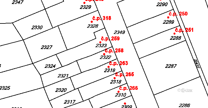 Mostecké Předměstí 258, Bílina na parcele st. 2322 v KÚ Bílina, Katastrální mapa